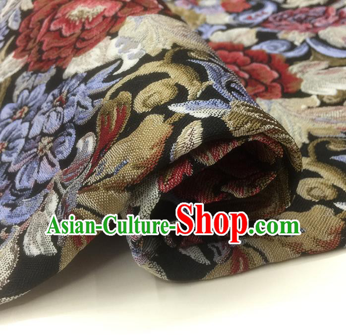 Chinese Classical Peony Flowers Pattern Design Black Brocade Fabric Asian Traditional Hanfu Satin Material