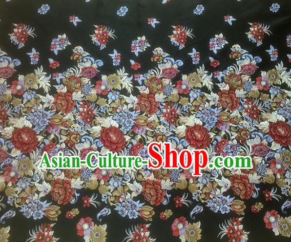 Chinese Classical Peony Flowers Pattern Design Black Brocade Fabric Asian Traditional Hanfu Satin Material