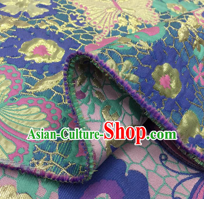 Chinese Classical Butterfly Pattern Design Blue Brocade Fabric Asian Traditional Hanfu Satin Material