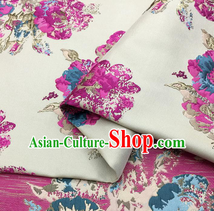 Chinese Classical Peony Pattern Design Beige Brocade Fabric Asian Traditional Hanfu Satin Material