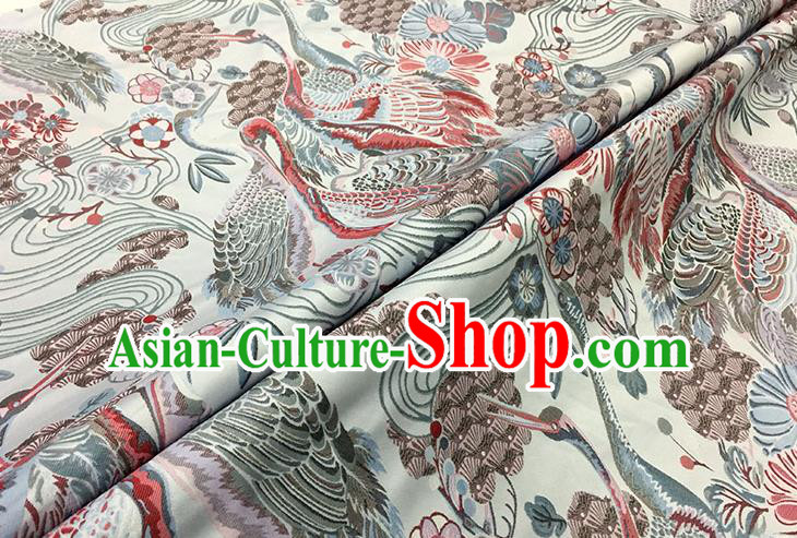 Chinese Classical Crane Pattern Design Light Grey Brocade Fabric Asian Traditional Hanfu Satin Material