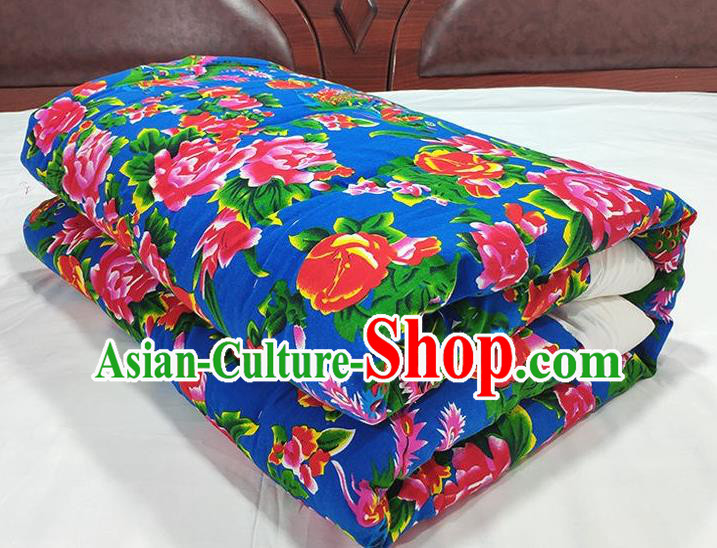 Chinese Traditional Peony Pattern Blue Quilt Cover Wedding Bedclothes