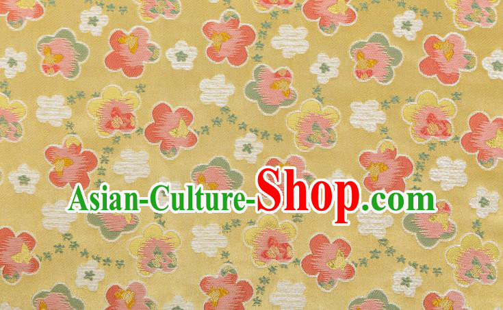 Japanese Traditional Oriental Cherry Pattern Design Yellow Brocade Fabric Asian Kimono Tapestry Satin