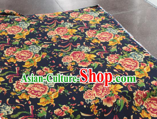Chinese Classical Phoenix Peony Pattern Design Navy Fabric Asian Traditional Hanfu Cloth Material