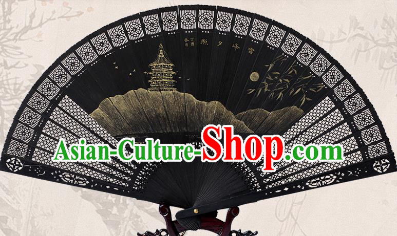 Traditional Chinese Handmade Printing Romance of the West Chamber Ebony Folding Fan China Bamboo Fan Oriental Fan