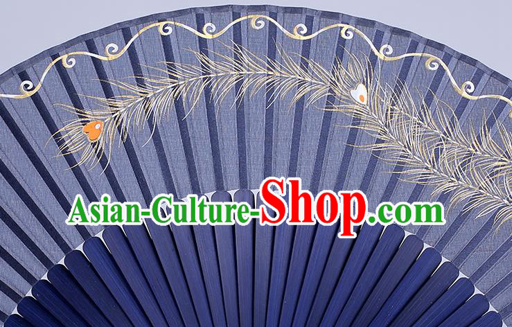 Traditional Chinese Handmade Printing Phoenix Tail Blue Silk Folding Fan China Bamboo Fan Oriental Fan