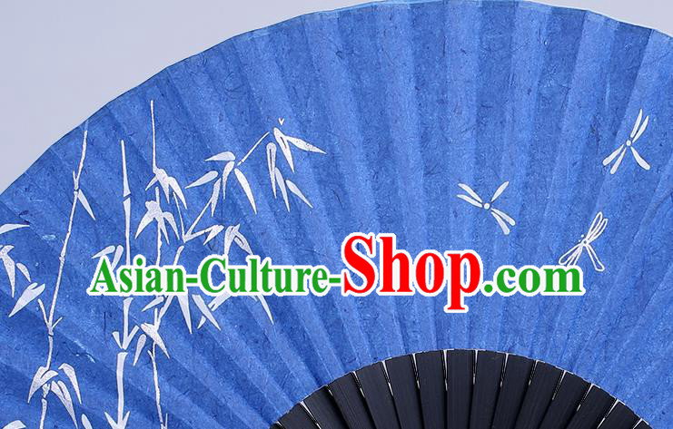 Traditional Chinese Handmade Printing Bamboo Dragonfly Blue Silk Folding Fan China Accordion Fan Oriental Fan
