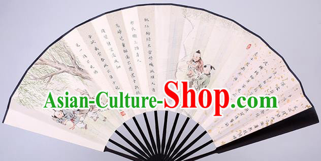 Traditional Chinese Handmade Printing Playing Boys Paper Folding Fan China Wenge Accordion Fan Oriental Fan