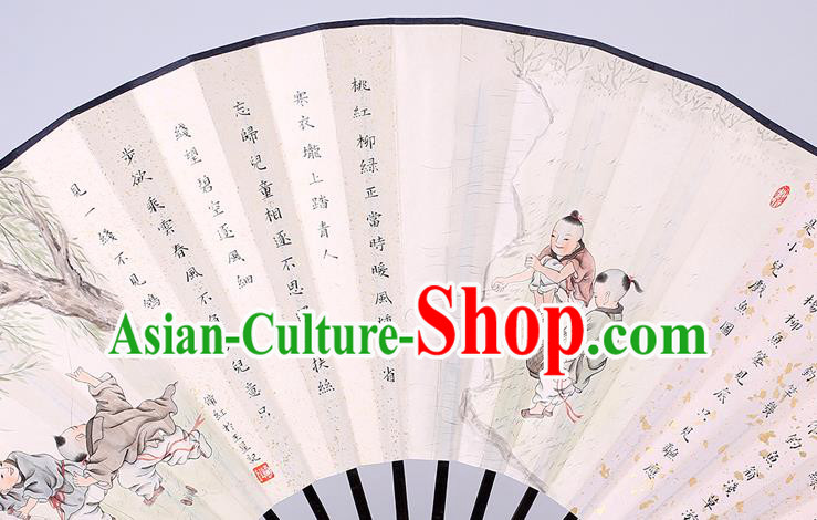 Traditional Chinese Handmade Printing Playing Boys Paper Folding Fan China Wenge Accordion Fan Oriental Fan