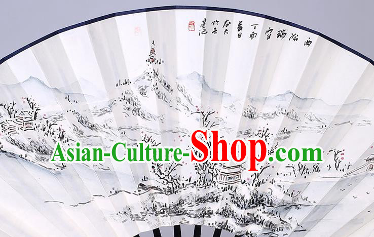 Traditional Chinese Handmade Painting Autumn Moon on Calm Lake Paper Folding Fan China Wood Accordion Fan Oriental Fan