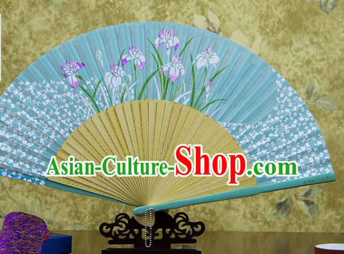 Traditional Chinese Printing Orchids Blue Silk Fan China Bamboo Accordion Folding Fan Oriental Fan