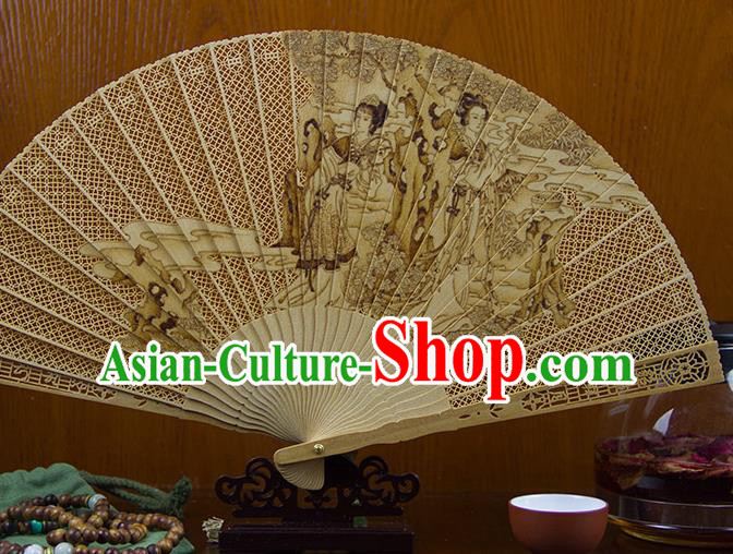 Traditional Chinese Hand Carving Beauty Diao Chan Sandalwood Fan China Wood Accordion Folding Fan Oriental Fan