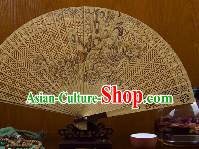 Traditional Chinese Hand Carving Peony Goddess Sandalwood Fan China Wood Accordion Folding Fan Oriental Fan