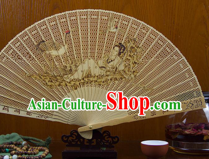 Traditional Chinese Hand Carving Crane Beauty Sandalwood Fan China Wood Accordion Folding Fan Oriental Fan