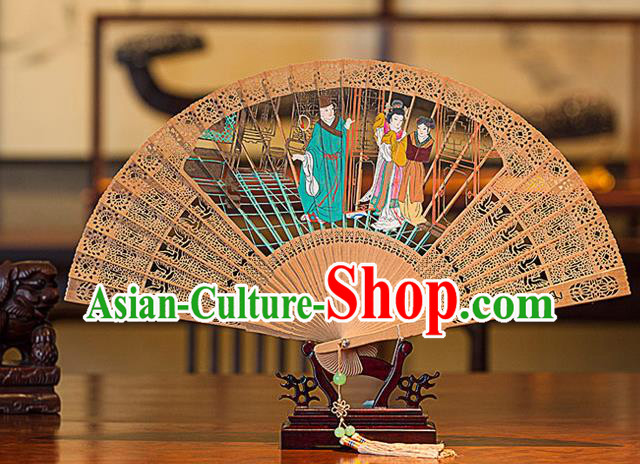 Traditional Chinese Hand Carving Romance of the Western Chamber Sandalwood Fan China Wood Accordion Folding Fan Oriental Fan