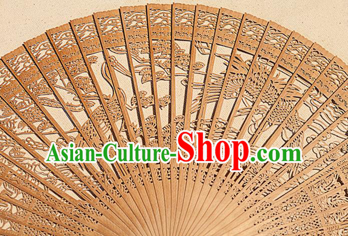 Traditional Chinese Hand Carving Crane Pine Sandalwood Fan China Wood Accordion Folding Fan Oriental Fan