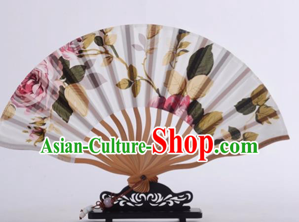 Traditional Chinese Printing Rose White Silk Fan China Bamboo Accordion Folding Fan Oriental Fan
