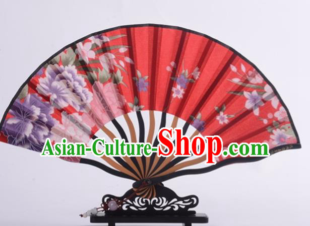 Traditional Chinese Printing Peony Orchid Red Silk Fan China Bamboo Accordion Folding Fan Oriental Fan
