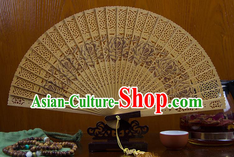 Traditional Chinese Hand Painting Roses Sandalwood Fan China Accordion Folding Fan Oriental Fan