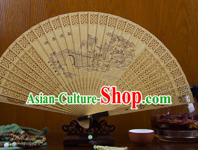 Traditional Chinese Hand Painting Su Causeway Sandalwood Fan China Accordion Folding Fan Oriental Fan