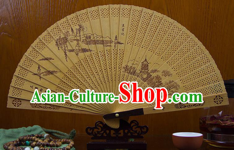 Traditional Chinese Hand Painting West Lake Scenery Sandalwood Fan China Accordion Folding Fan Oriental Fan