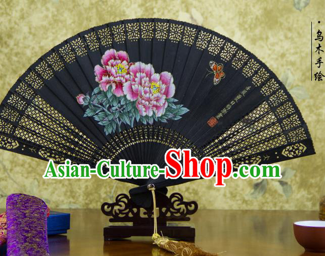 Traditional Chinese Hand Painting Peony Ebony Fan China Accordion Folding Fan Oriental Fan