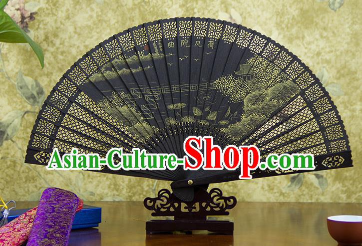 Traditional Chinese Hand Painting Pink Lotus Ebony Fan China Accordion Folding Fan Oriental Fan