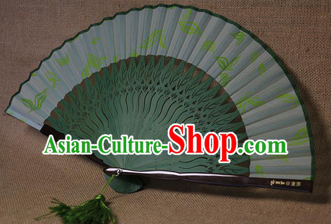 Traditional Chinese Printing Leaf Green Silk Fan China Bamboo Accordion Folding Fan Oriental Fan