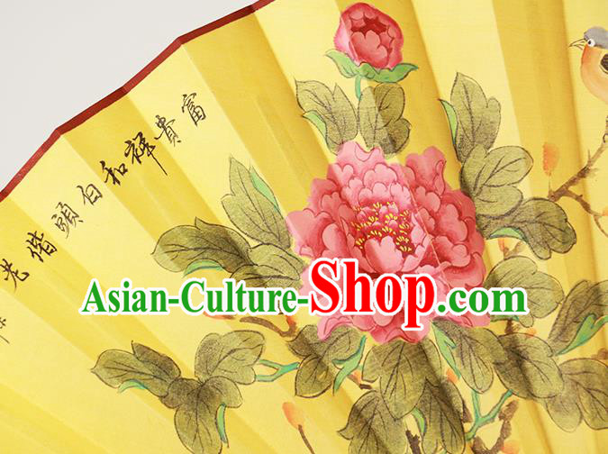 Traditional Chinese Hand Painting Peony Yellow Silk Fan China Accordion Folding Fan Oriental Fan