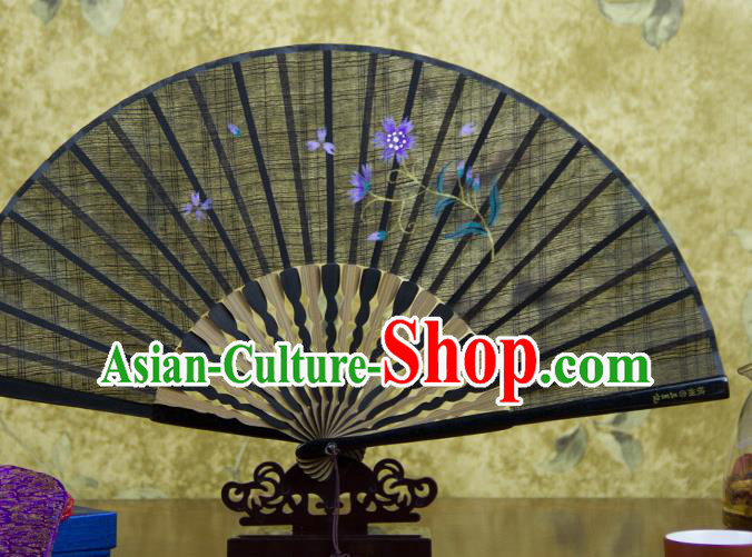 Traditional Chinese Printing Flower Black Flax Fan China Bamboo Accordion Folding Fan Oriental Fan