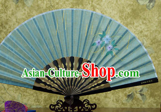 Traditional Chinese Printing Flowers Green Flax Fan China Bamboo Accordion Folding Fan Oriental Fan