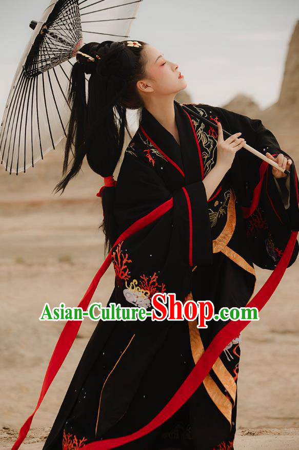 Traditional Chinese Ancient Goddess Black Hanfu Dress Han Dynasty Imperial Consort Historical Costumes for Women