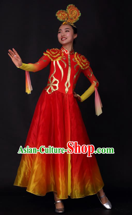 Chinese Traditional Opening Dance Red Dress China Classical Dance Stage Performance Chorus Costume for Women