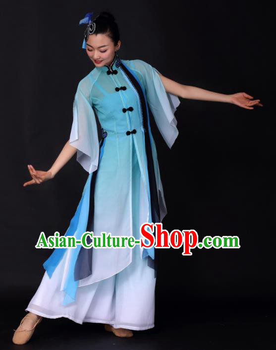 Chinese Traditional Classical Dance Blue Dress China Umbrella Dance Stage Performance Costume for Women