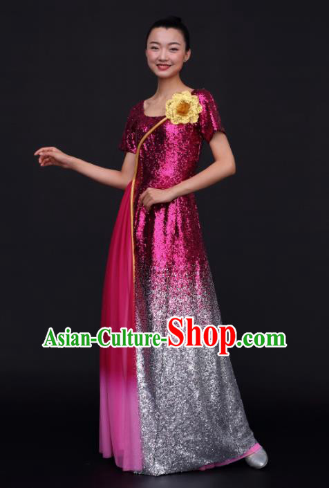 Chinese Traditional Opening Dance Chorus Rosy Sequins Dress China Modern Dance Stage Performance Costume for Women