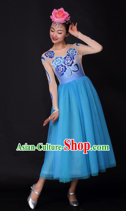 Professional Modern Dance Chorus Blue Dress Opening Dance Stage Performance Costume for Women