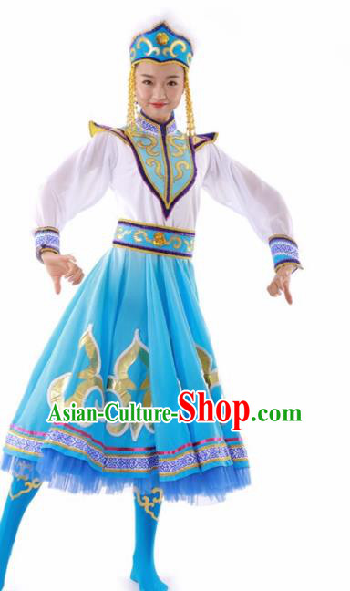 Chinese Mongolian Ethnic Dance Blue Dress Traditional Mongol Nationality Stage Performance Costume for Women