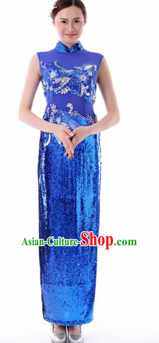 Chinese Fan Dance Royalblue Qipao Dress Traditional Classical Dance Stage Performance Costume for Women