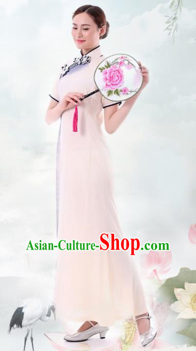 Chinese Fan Dance Beige Qipao Dress Traditional Classical Dance Stage Performance Costume for Women