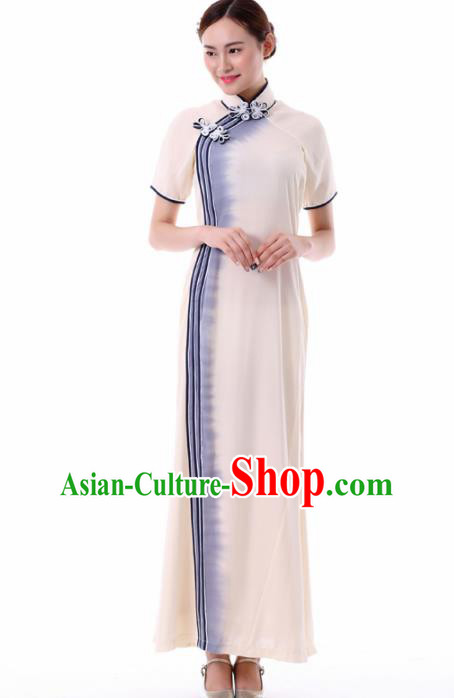 Chinese Fan Dance Beige Qipao Dress Traditional Classical Dance Stage Performance Costume for Women
