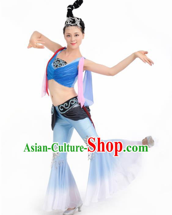 Chinese Fan Dance Blue Dress Traditional Classical Dance Stage Performance Costume for Women