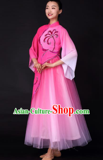 Chinese Traditional Classical Dance Rosy Veil Dress Umbrella Dance Stage Performance Costume for Women
