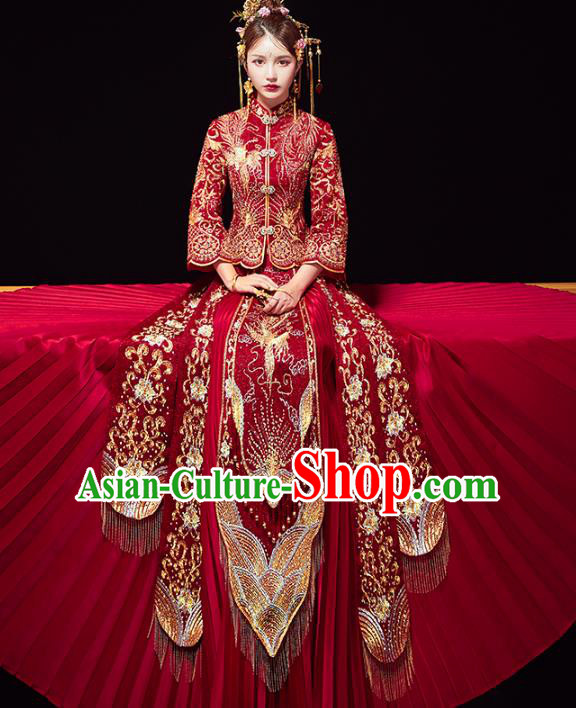 Chinese Traditional Purplish Red Xiuhe Suits Wedding Dress Ancient Bride Embroidered Costume for Women