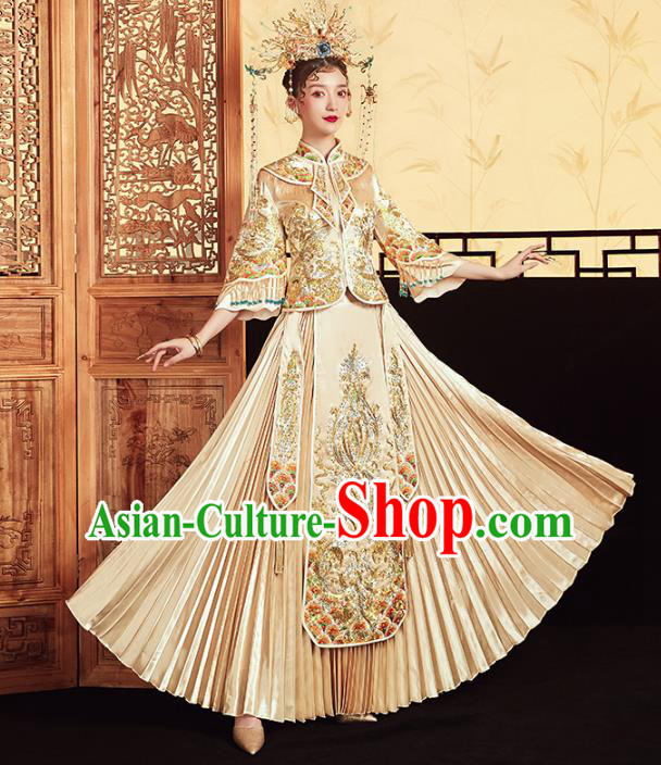 Chinese Traditional Embroidered Golden Xiuhe Suits Wedding Dress Ancient Bride Costume for Women