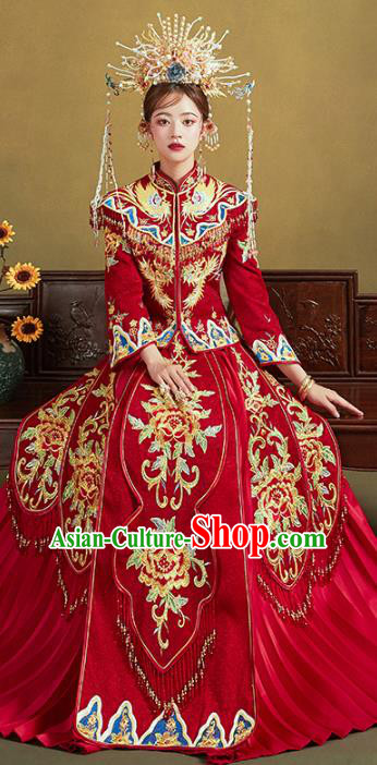 Chinese Traditional Embroidered Peony Red Xiuhe Suits Wedding Dress Ancient Bride Costume for Women