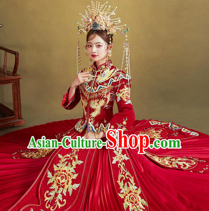 Chinese Traditional Embroidered Peony Red Xiuhe Suits Wedding Dress Ancient Bride Costume for Women