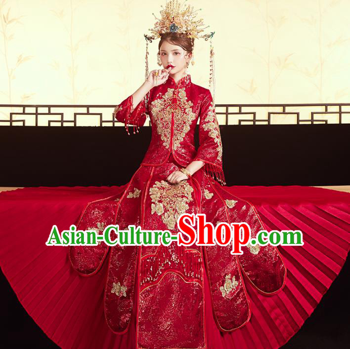 Chinese Traditional Embroidered Red Paillette Xiuhe Suits Wedding Dress Ancient Bride Costume for Women