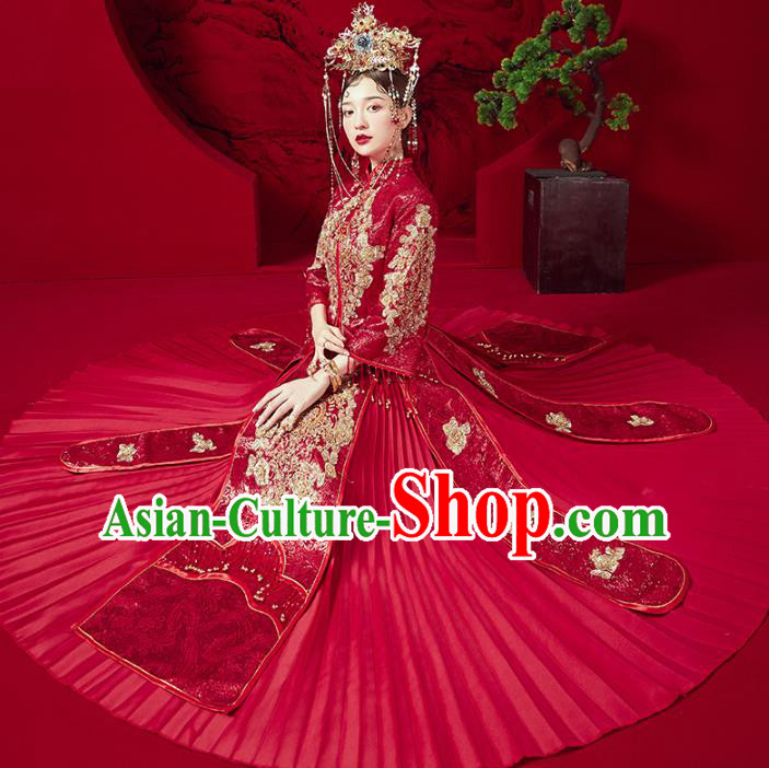 Chinese Traditional Embroidered Red Diamante Xiuhe Suits Wedding Dress Ancient Bride Costume for Women