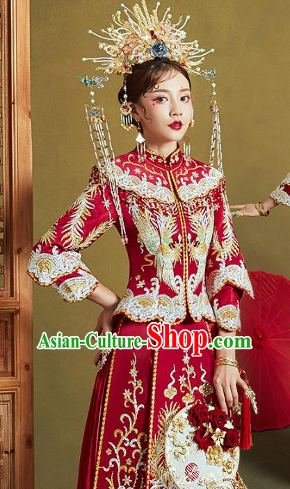 Chinese Traditional Embroidered Diamante Phoenix Red Xiuhe Suits Wedding Dress Ancient Bride Costume for Women