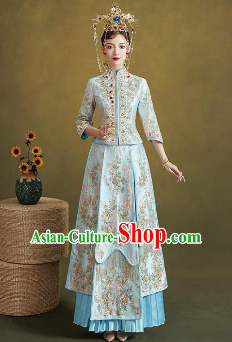 Chinese Traditional Embroidered Blue Xiuhe Suits Wedding Dress Ancient Bride Costume for Women